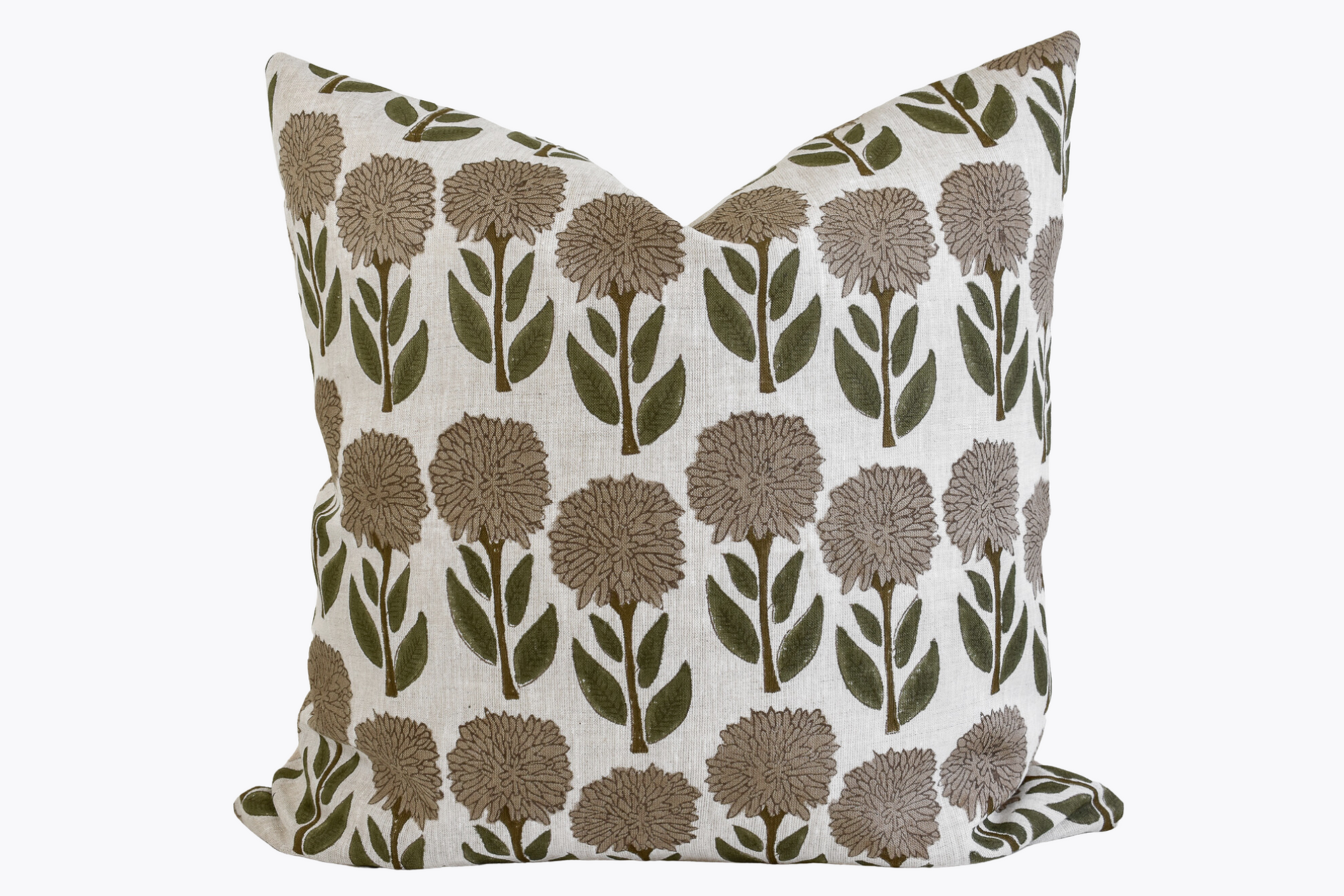 Indian Block Print Pillow Cover - Taupe and Olive Floral