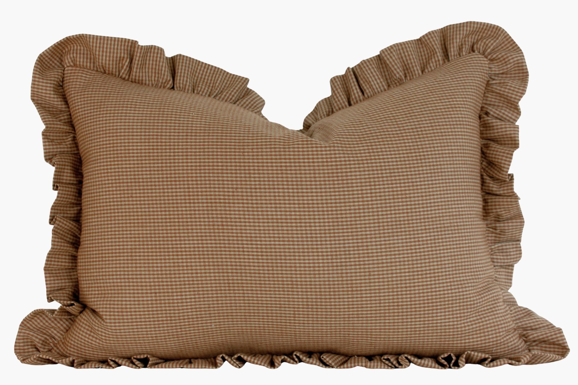 Ruffle Edge Mini Gingham Lumbar Pillow Cover - Copper Brown and Beige