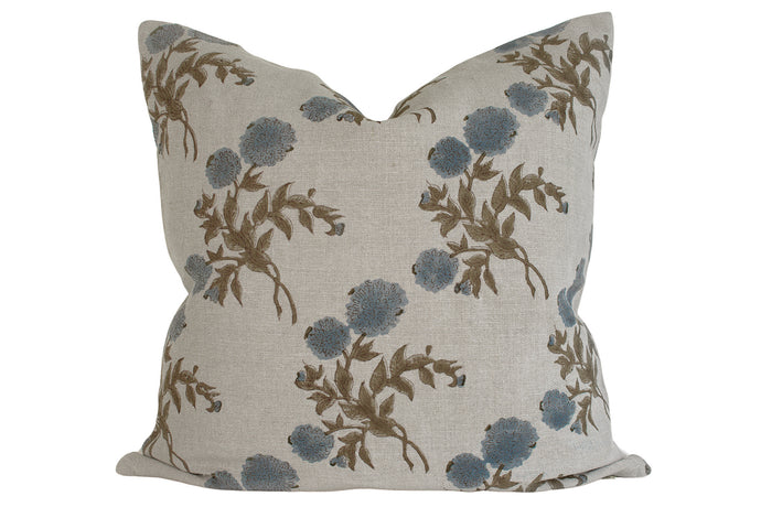 Indian Block Print Pillow - Natural, Slate Blue, Olive Brown Floral