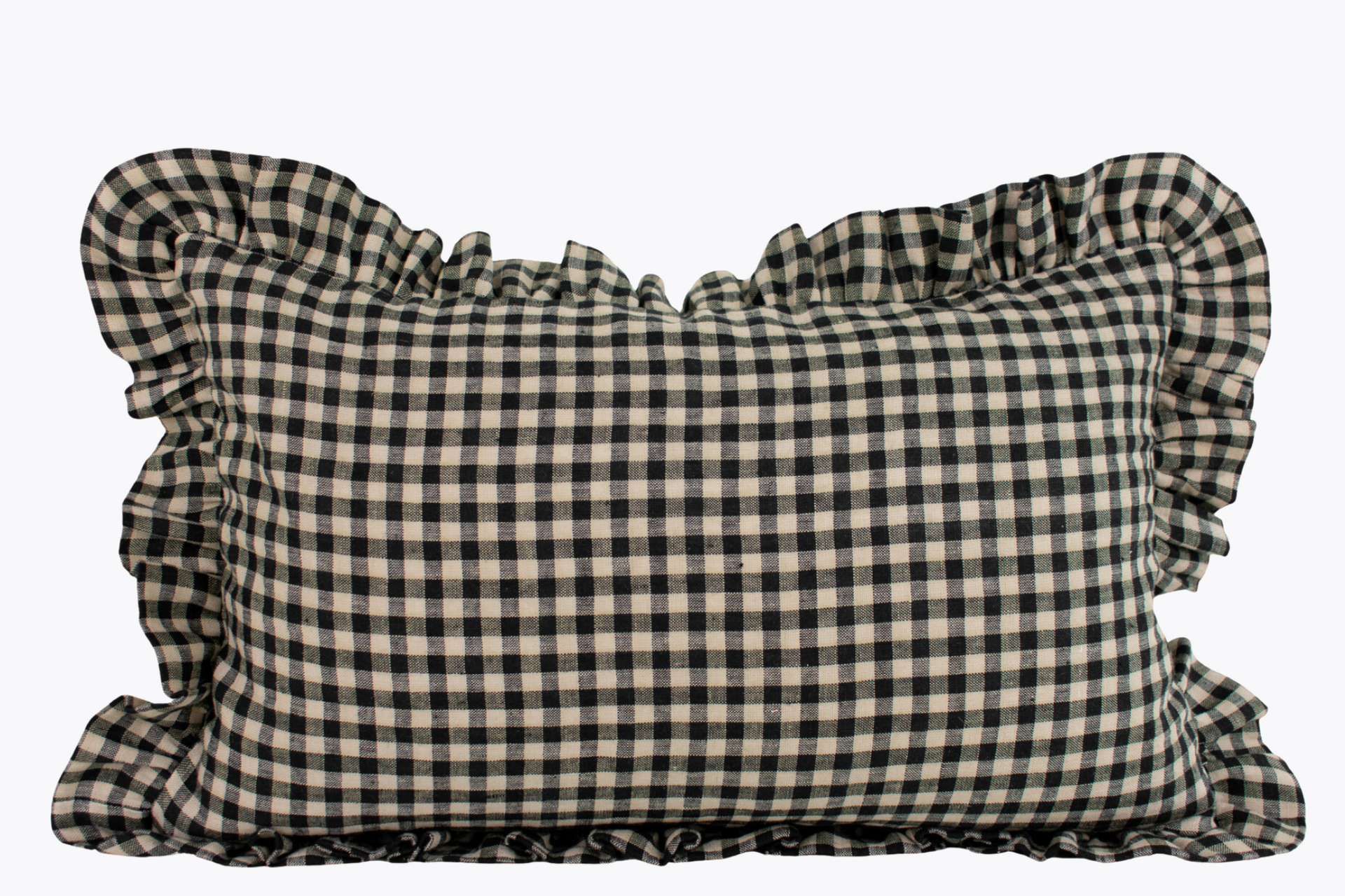 Ruffle Edge Linen Lumbar Pillow Cover - Beige and Black Gingham