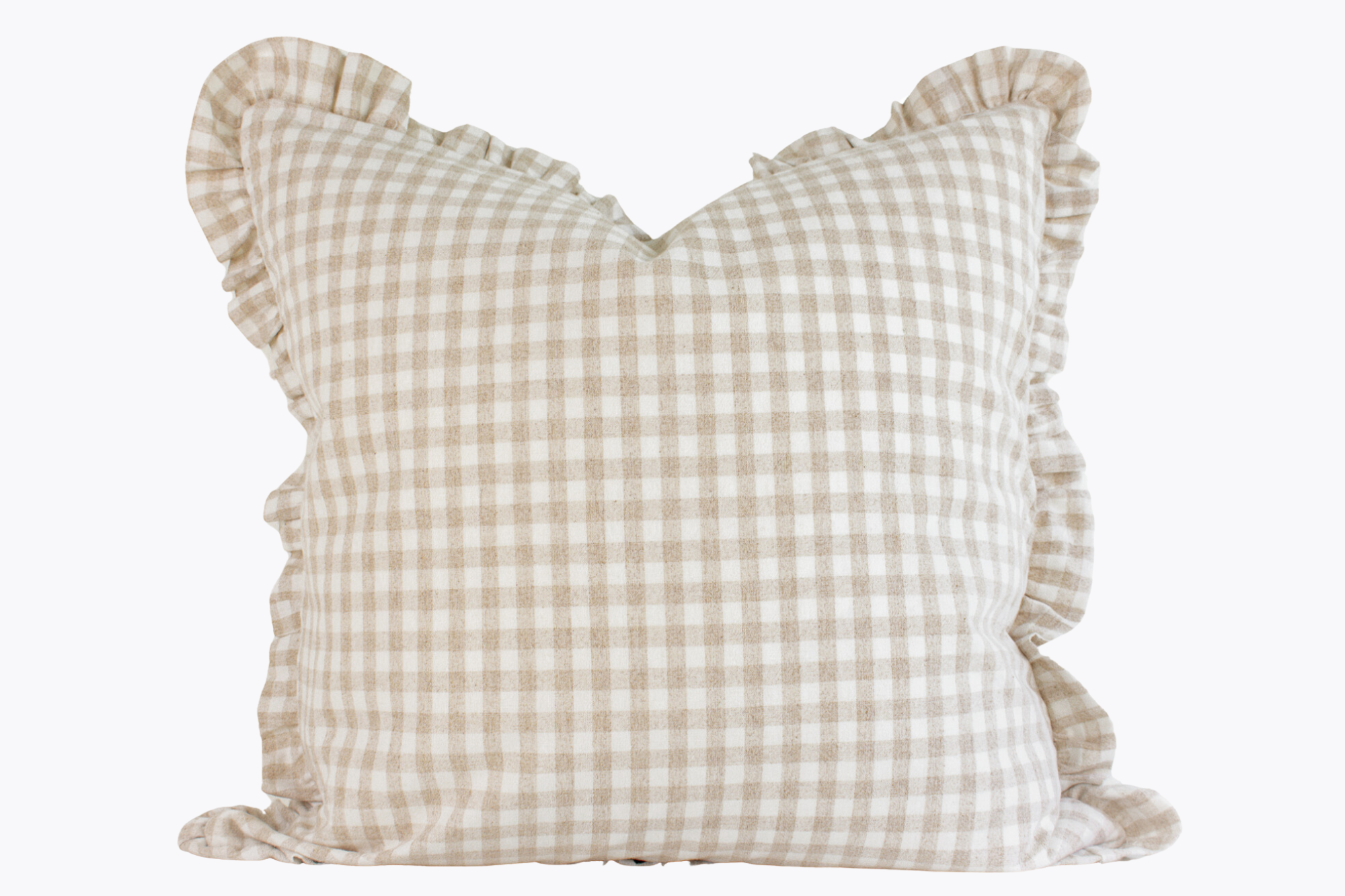 Hmong Organic Woven Pillow Cover - Ruffle Edge Gingham - Beige and Ivo