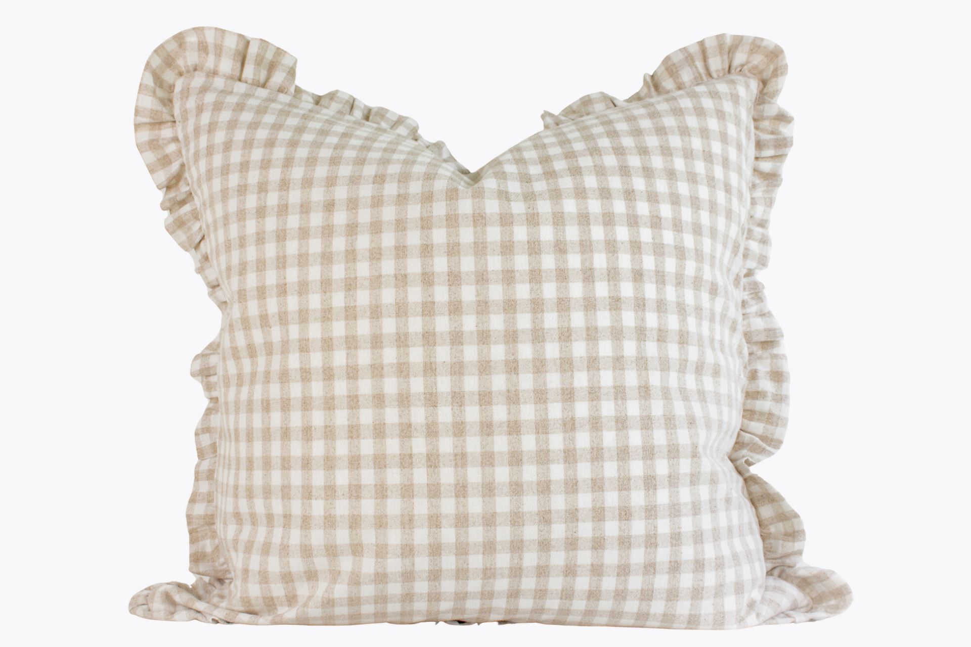 Hmong Organic Woven Pillow Cover - Ruffle Edge Gingham - Beige and Ivory