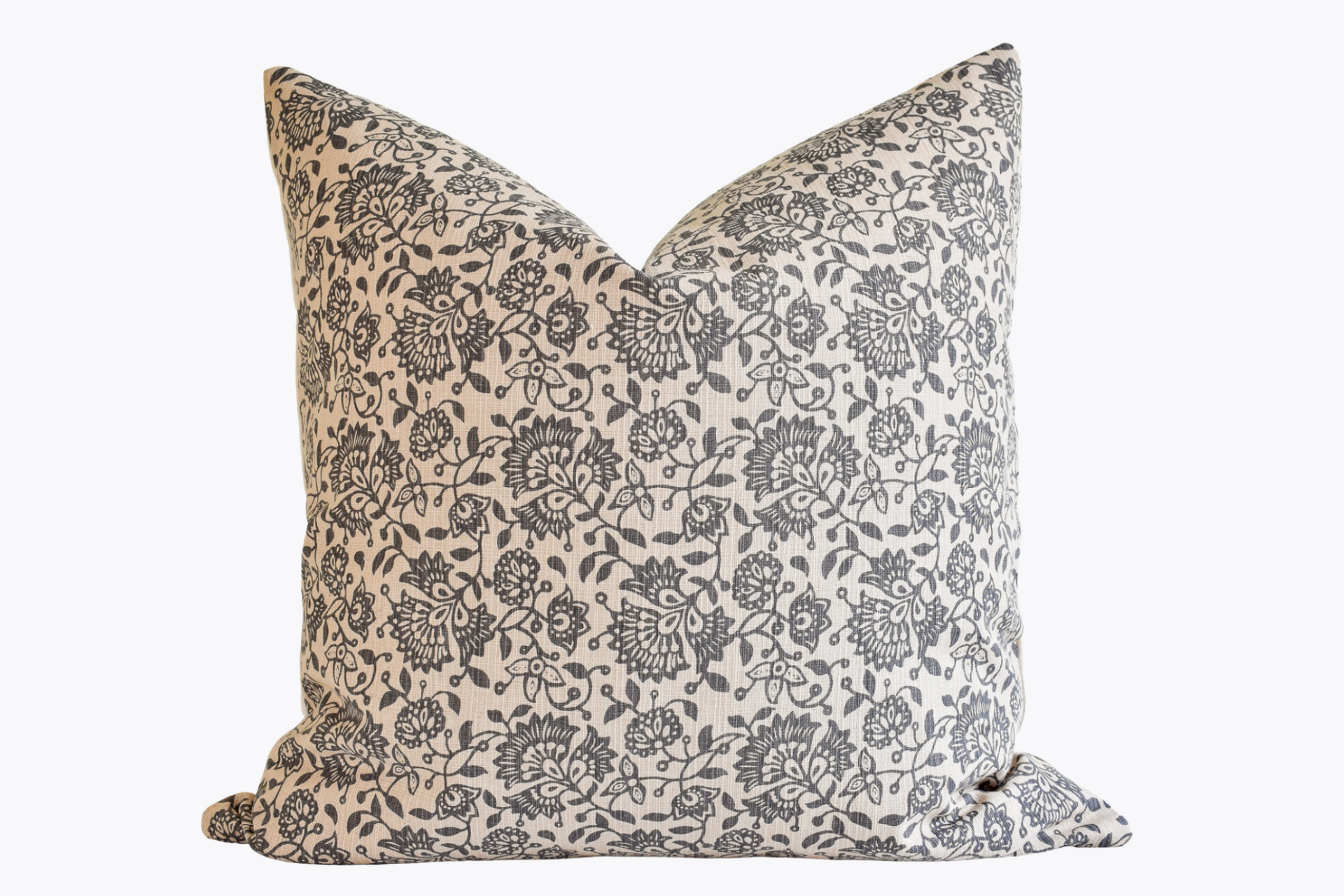 Hmong Floral Block Print Pillow Cover - Cream and Pewter