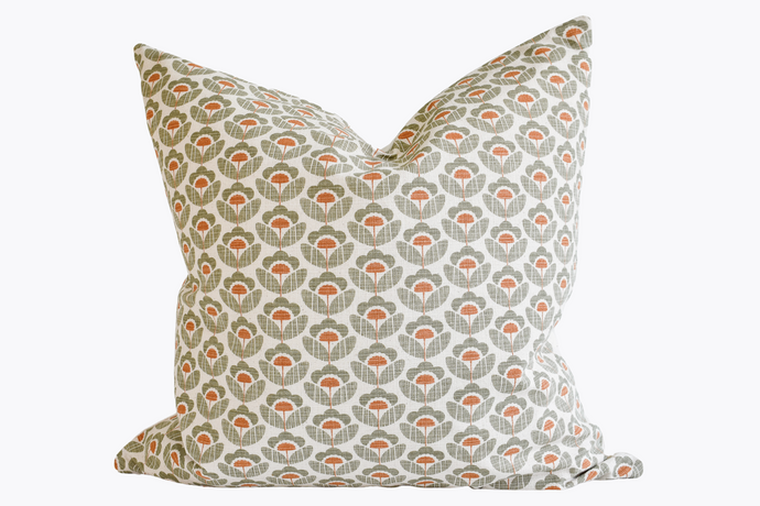 Hmong Floral Block Print Pillow Cover - Sage and Rust