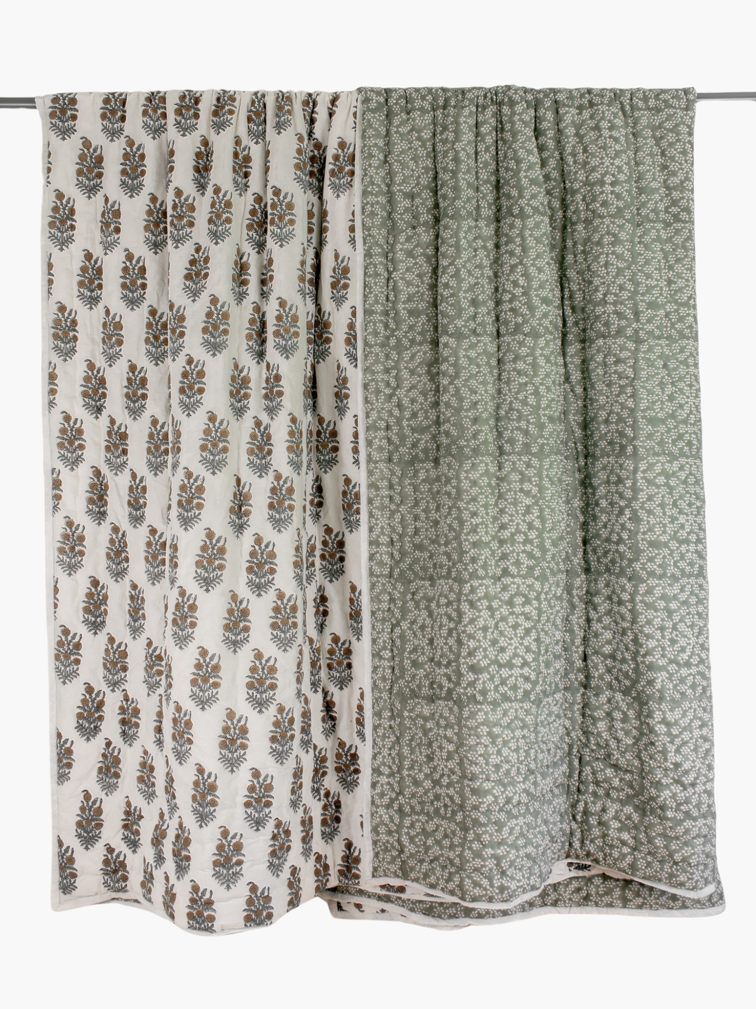 Kimberly Double Sided Block Print Padded Quilt in Sage -  King/Queen Sized