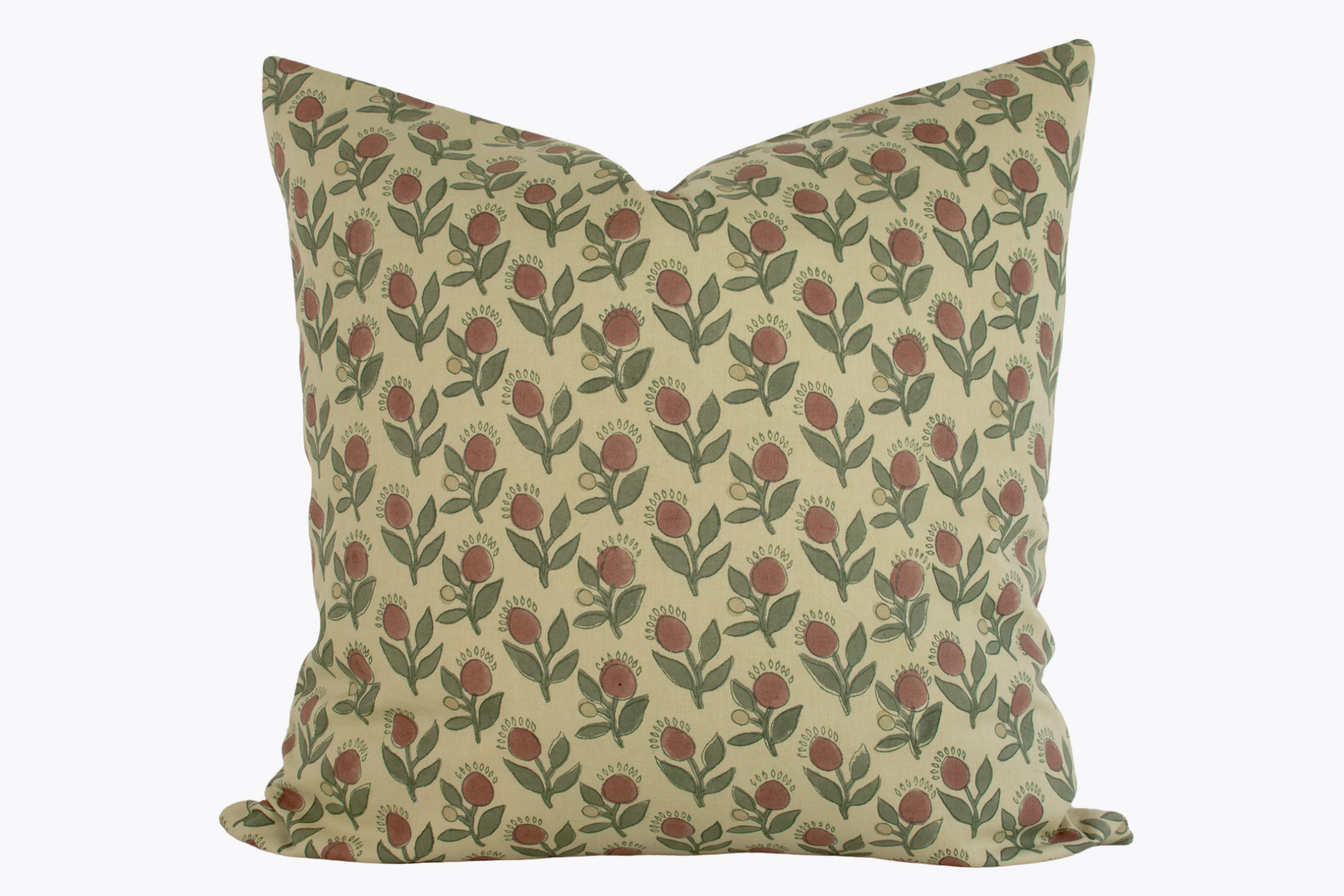 Indian Block Print Pillow Cover - Straw, Sage, Mauve