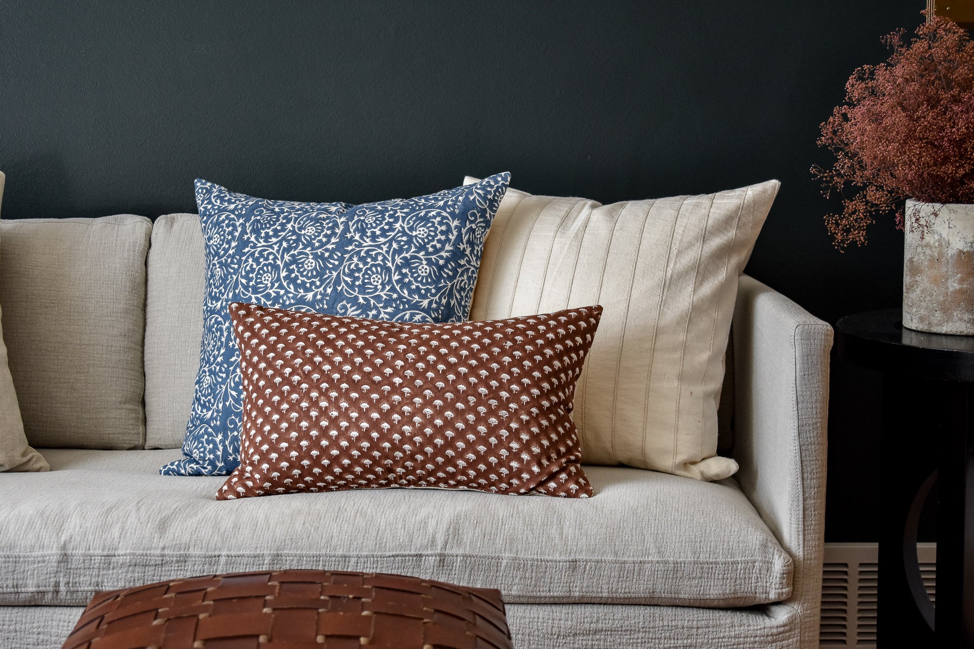 Indian Block Print Pillow Cover - Ocean Blue and Ivory