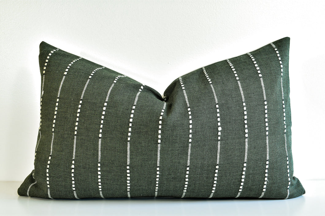 Hmong Organic Woven Striped Lumbar Pillow - Forest Green