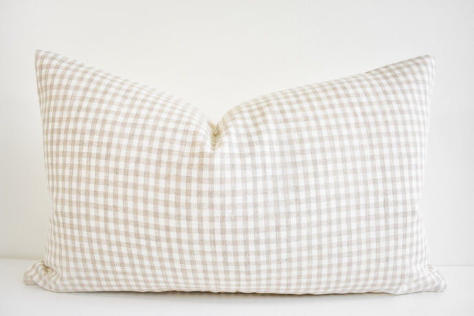 Linen Lumbar Pillow - Beige and Ivory Mini Gingham