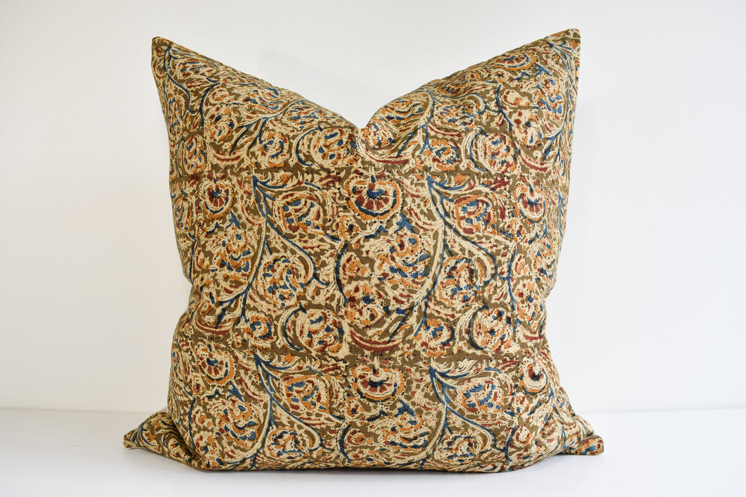 Indian Block Print Pillow - Olive, Rust, Gold, Indigo