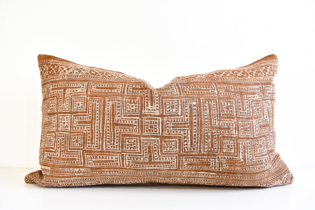Vintage Hmong Organic Batik Lumbar Pillow - Burnt Clay