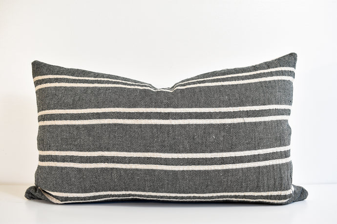 Hmong Organic Woven Lumbar Pillow Cover - Charcoal Stripe