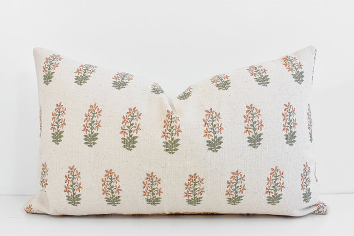 Hmong Floral Block Print Lumbar Pillow - Sage and Rust