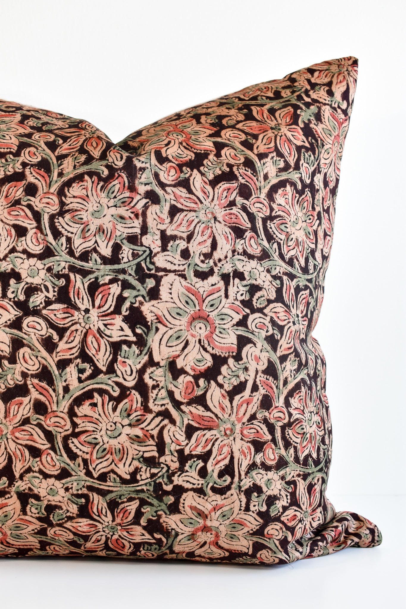 Indian Block Print Pillow Cover - Dark Chocolate, Rose, Sage