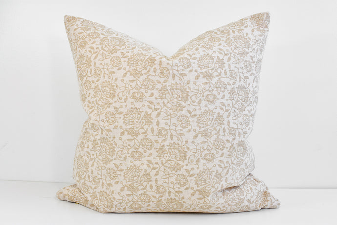 Hmong Floral Block Print Pillow - Ivory and Sand