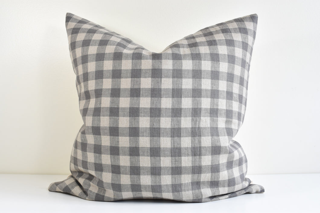 Linen Pillow - Steel Gray and Ivory Gingham