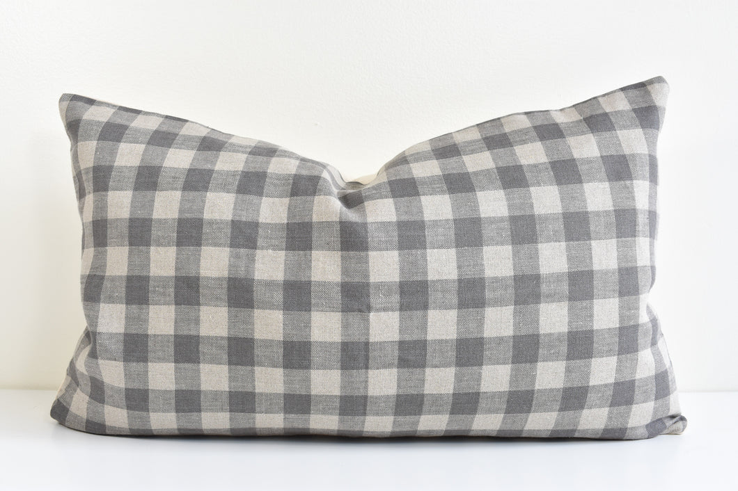 Linen Lumbar Pillow - Steel Gray and Ivory Gingham