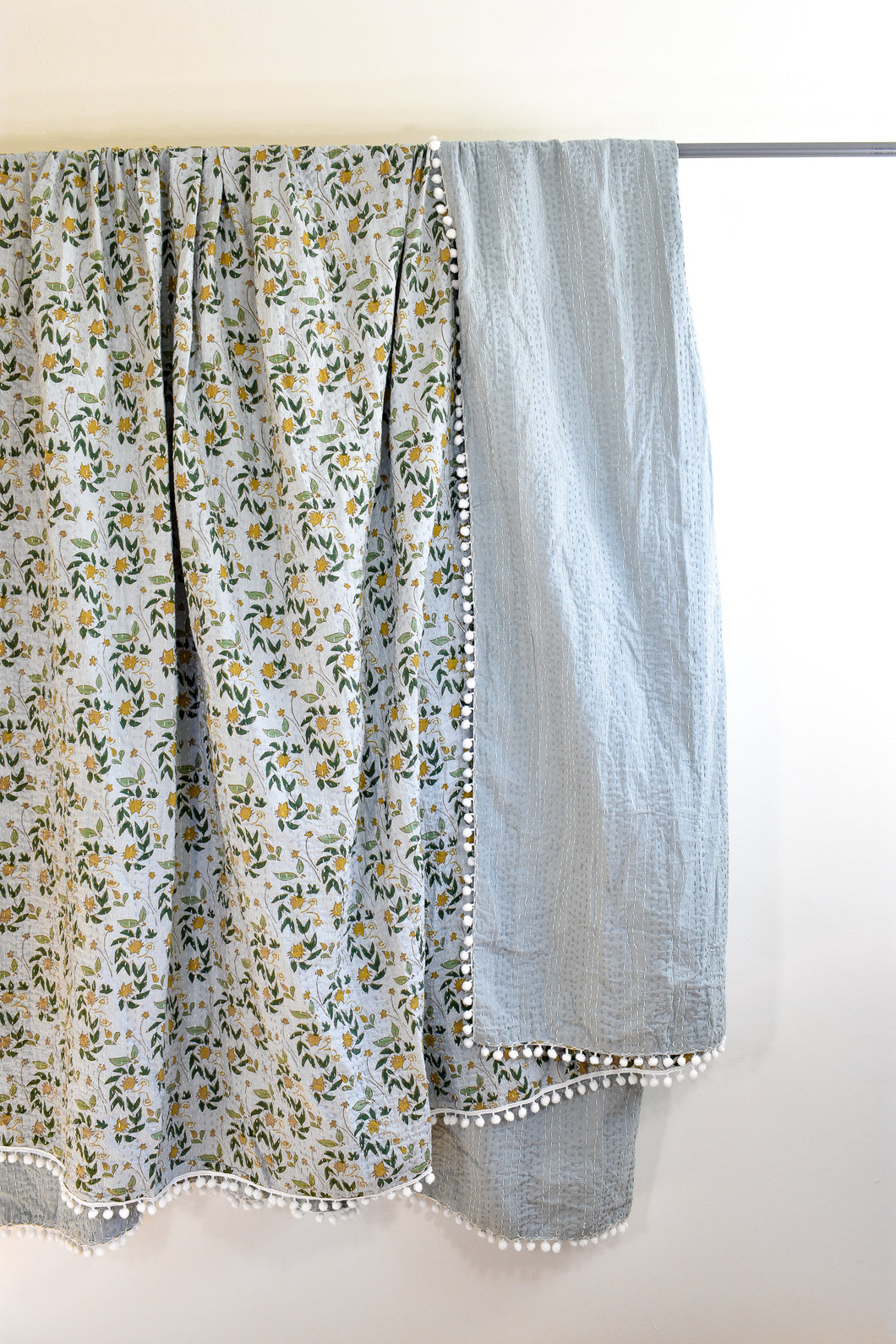 Ally Pom Pom Kantha Quilt in Dusty Blue Gray - King/Queen Sized ...