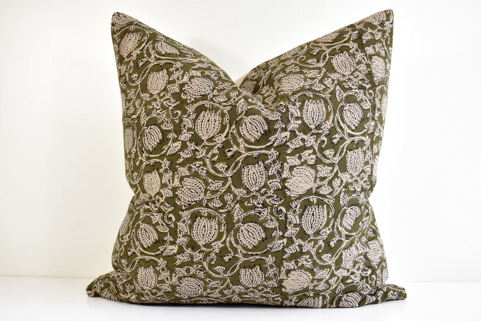 Indian Block Print Pillow - Olive and Natural