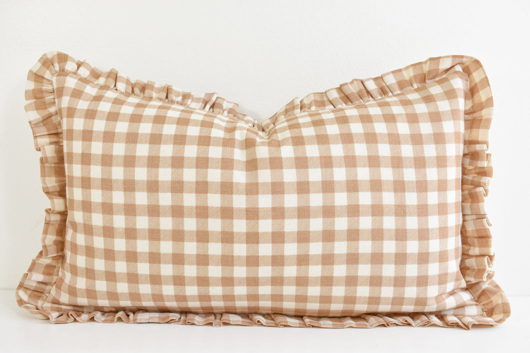 Hmong Organic Woven Lumbar Pillow - Ruffle Edge Clay Gingham
