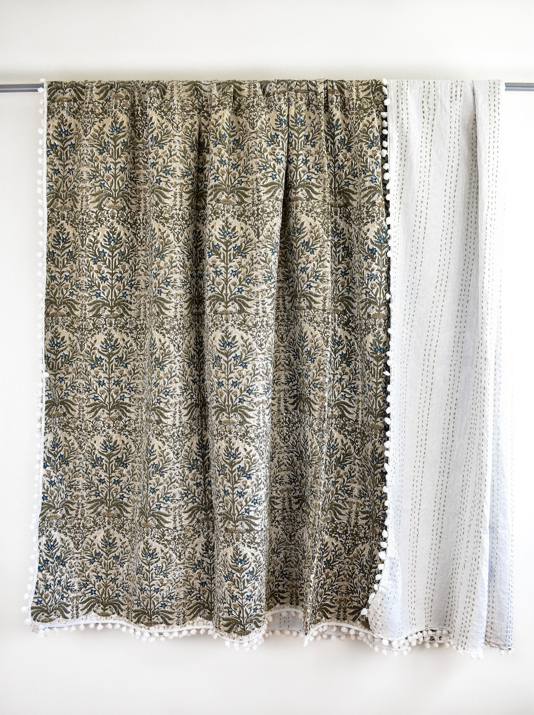*Pre-Order* Lucy Pom Pom Kantha Quilt in Beige, Olive, Ochre and Indigo - King/Queen Sized