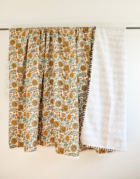 Ella Pom Pom Kantha Quilt In Moss and Yellow - King/Queen Sized