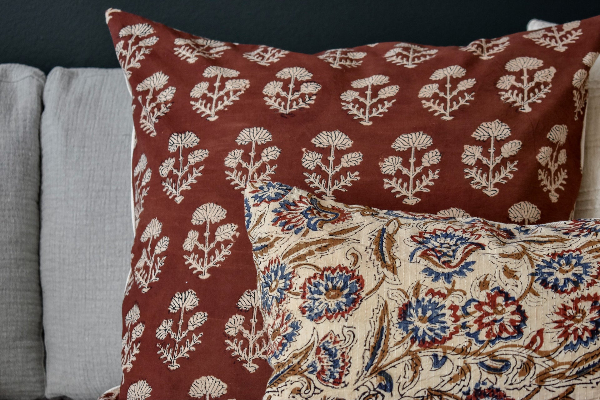 Indian Block Print Pillow Cover - Creme, Tan, Indigo, Rust